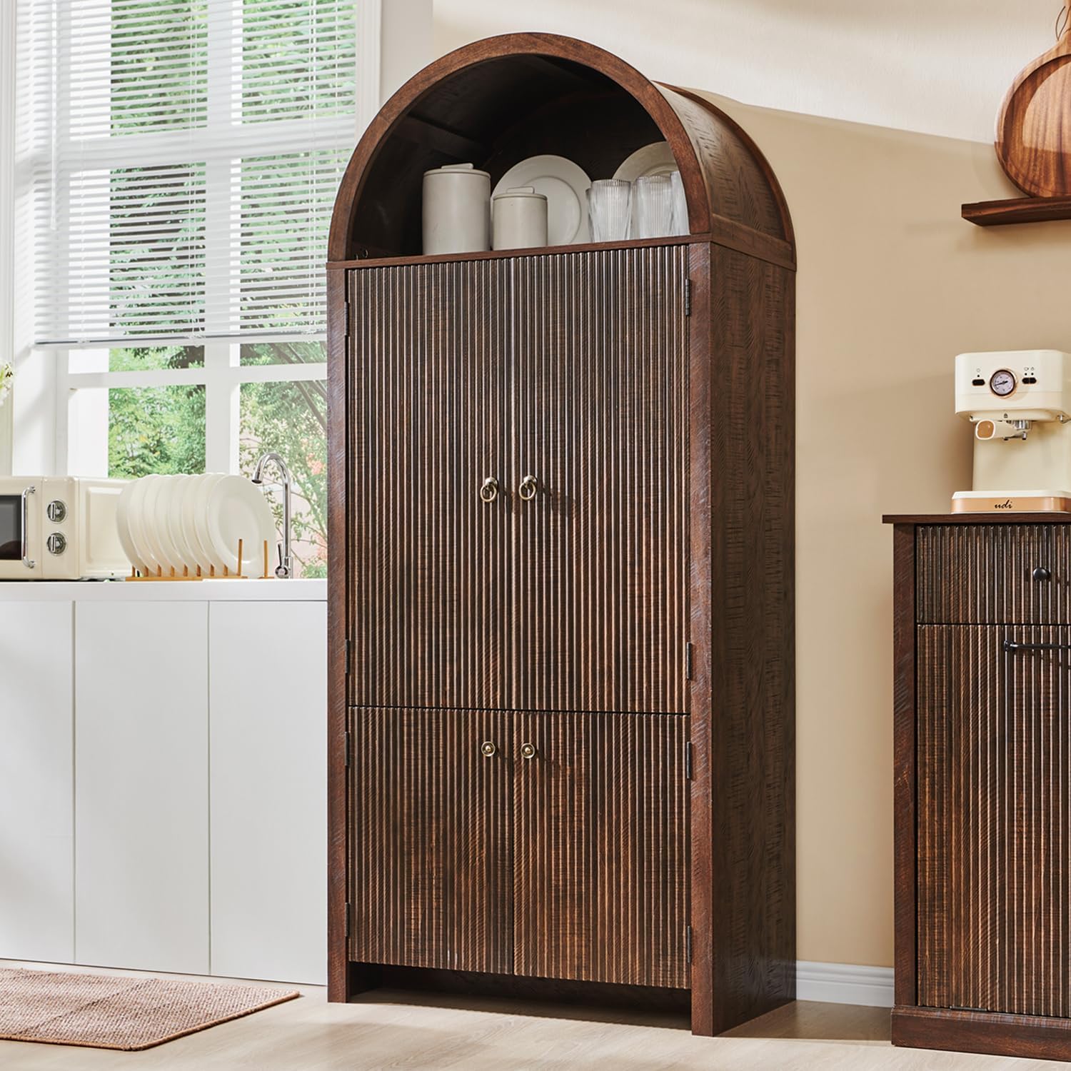 71" Tall Arched Bathroom Storage Cabinet, Modern Fluted Storage Cabinet w/Doors, 3 Adjustable Shelves, 6 Door Shelves, Wood Freestanding Cabinet for Bathroom, Entryway, Hallway, Brown