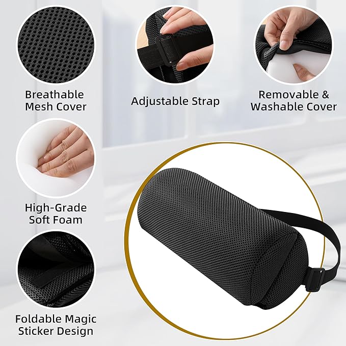 MABOZOO Foldable Lumbar Roll Pillow, Mesh 2 Semi-Circular Back Support Cushion with Adjustable Strap, Portable Cervical Cushion Support Pillow Leg Pillow for Head, Neck Back and Legs(Black)