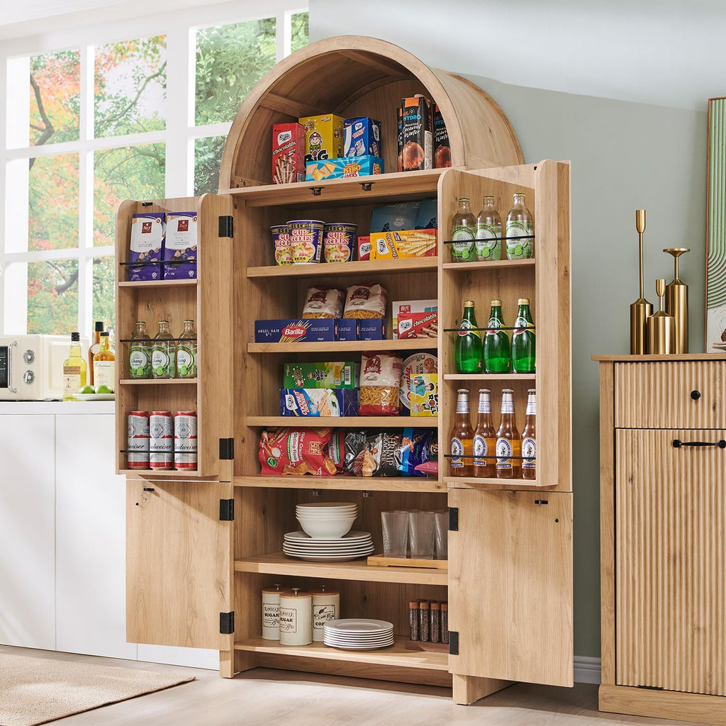 71" Tall Arched Bathroom Storage Cabinet, Modern Fluted Storage Cabinet w/Doors, 3 Adjustable Shelves, 6 Door Shelves, Wood Freestanding Cabinet for Bathroom, Entryway, Hallway, Natural