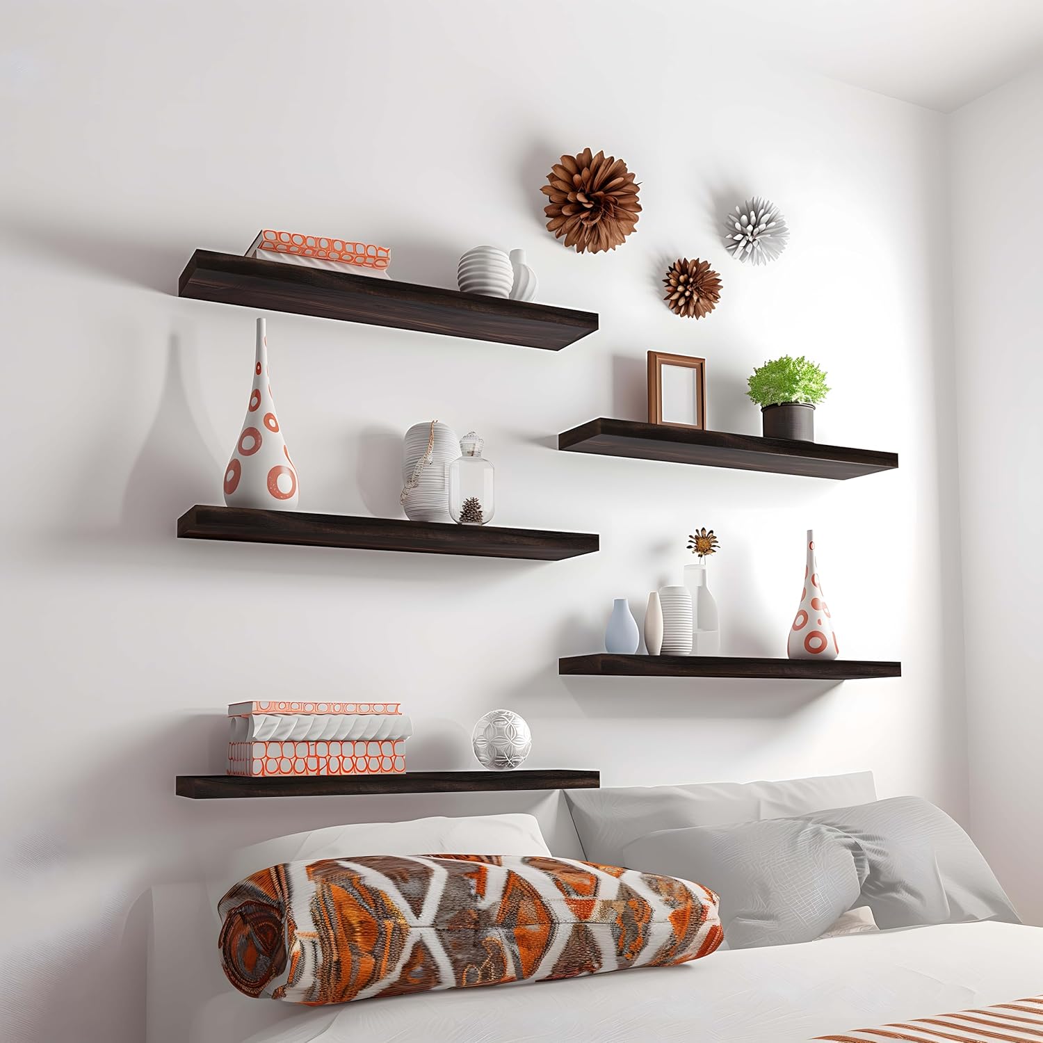 24 Inch Floating Shelves for Wall Rustic Brown Wood Wall Shelves for Bedroom Set of 4