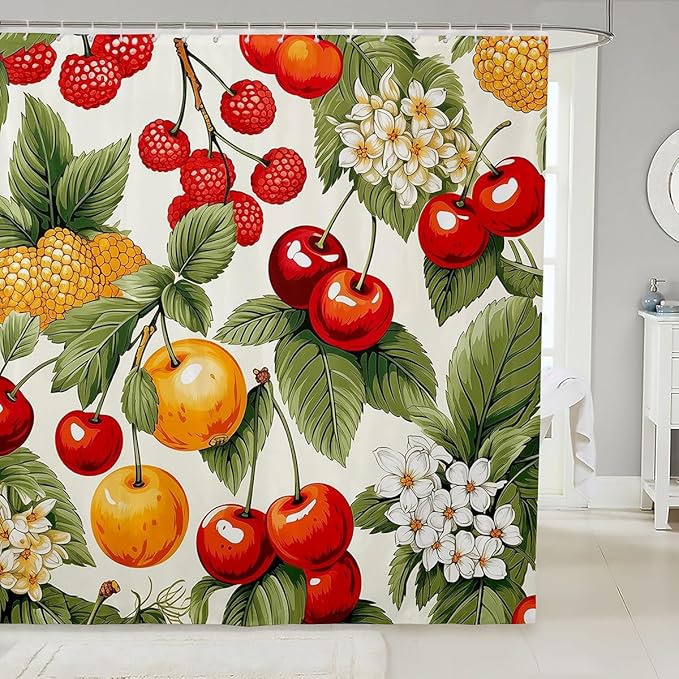 Feelyou Cherry Orange Shower Curtain Fruit Fabric Shower Curtain for Kids Boys Girls Summer Theme Bathroom Waterproof Accessories with 12 Hooks Bright Colorful Curtains,72x84 Inches