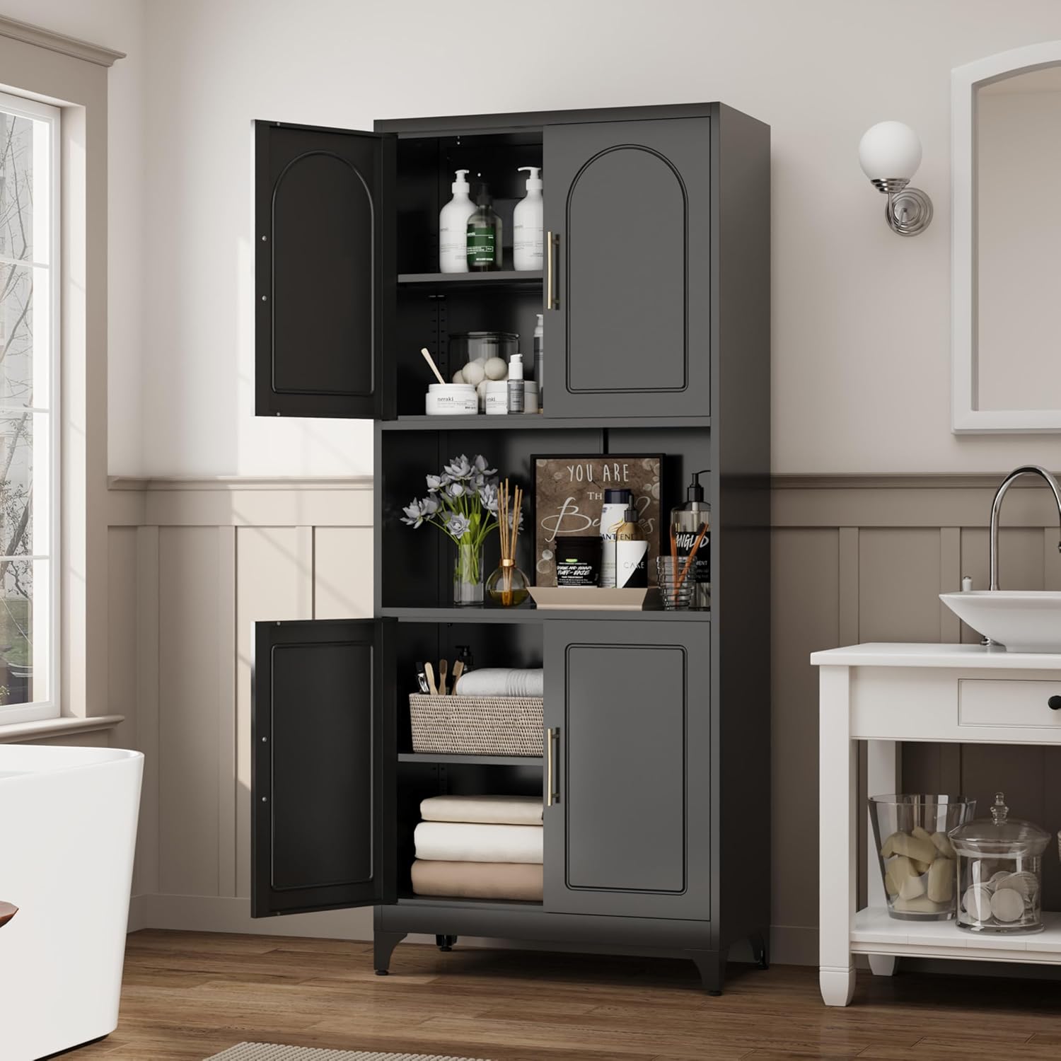 75" Tall Kitchen Pantry Storage Cabinet, Metal Storage Cabinets with 4 Doors and Adjustable Shelves, Black Kitchen Hutch Cabinet with Microwave Stand, Large Cupboard for Dining Living Room