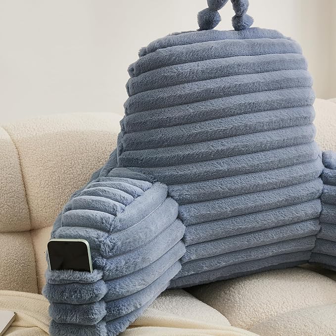 WERDIM Reading Pillow for Sitting in Bed, Faux Fur Back Pillow for Bed Rest, Bed Chair Pillow with Arms and Pockets(Large, Dusty Blue)