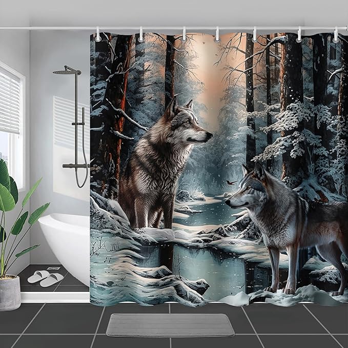 AILONEN Snow Wolf Shower Curtain 72" W*84" H for Boys,Winter Wild Animal Wolf Bathroom Decor,Safari Animal Wolf Printed Bath Curtain Waterproof Bath Curtain with Grommets and 12 Hooks