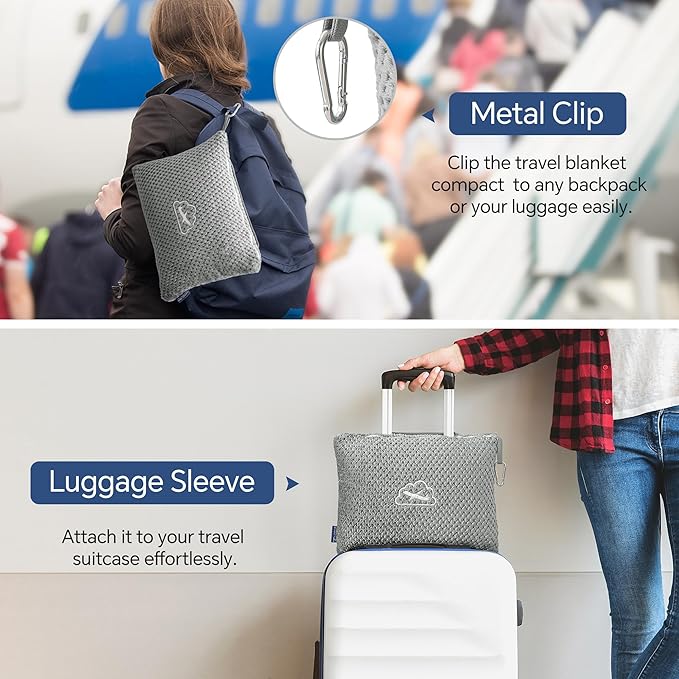 BEDELITE Travel Blanket Airplane Compact with Bag, Portable and Packable 2 in 1 Jacquard Travel Pillow and Blanket Set, Airplane Blanket Travel Essentials with Luggage Sleeve & Backpack Clip, Grey