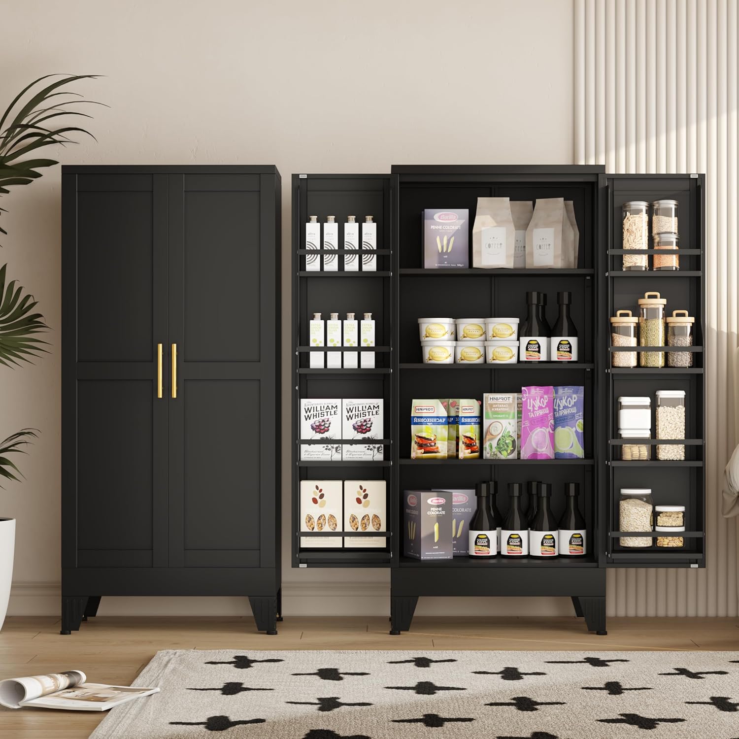 51" Metal Kitchen Pantry Cabinet, Storage Cabinets with 2 Door and 3 Adjustable Shelves, Black Freestanding Food Storage Cabinet, Steel Cupboard for Kitchen Dinning Room