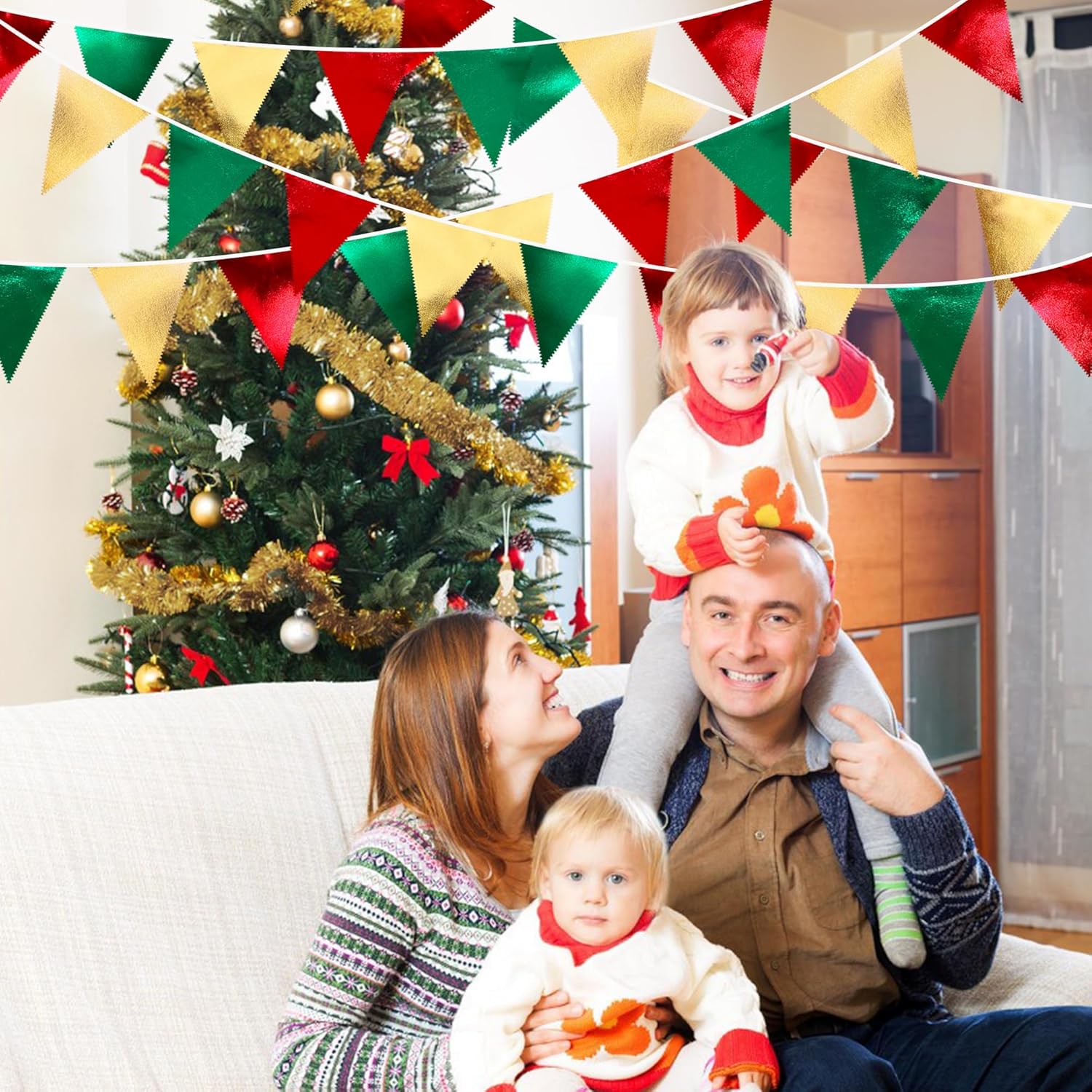 Christmas Party Decorations Triangle Pennant Banner Flag Red Green Gold Metallic Fabric Bunting Garland for Xmas Holiday Wedding Bridal Shower Birthday Bachelorette Graduation New Year Party Supplies