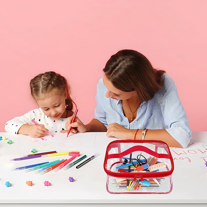 3 Packs Clear Toy Storage Bags- 9.4 x 6.7 x 4.3 Inch Transparent PVC Toy Organizing Bags with Zipper- Waterproof Toy Storage Organizer Pouch for Building Blocks, Small Toys (Red)