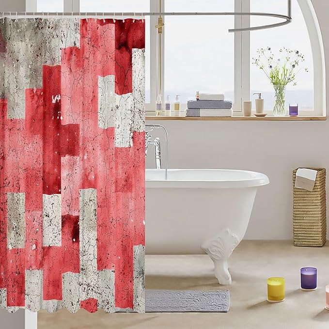 Feelyou Kids Geometric Red Shower Curtain Geometry Bath Curtain Boys Girls Checkered Bathroom Shower Curtain Set Modern Art Teens Bathroom Accessories Room Decor 72"x78"