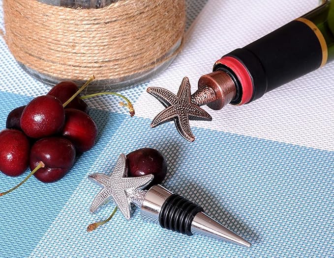 12PCS Valentine's Day Wedding Favors for Guests,Zinc Alloy Decoration Starfish Wine and Beverage Bottle Stoppers Caps Reusable Plug Keep Wine Fresh (12,Sliver Starfish)