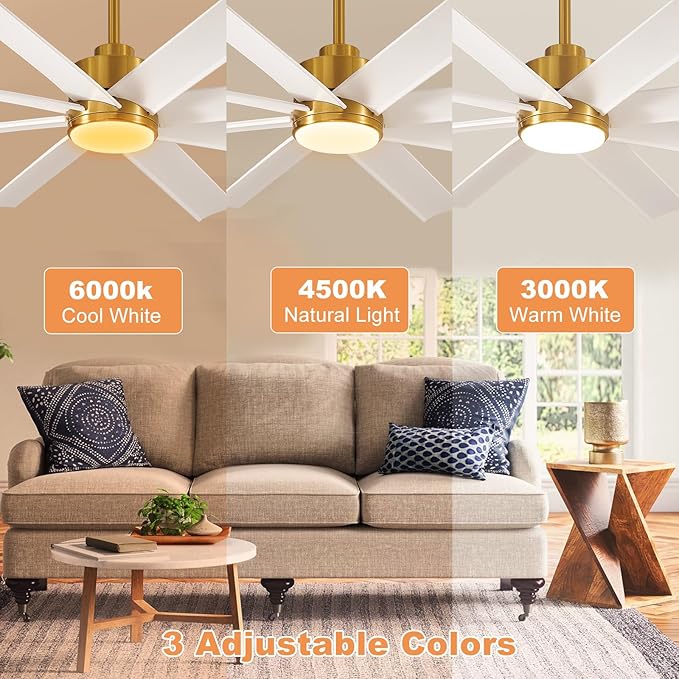 Depuley 60" Industrial DC Motor Ceiling Fan with LED Light, Indoor or Covered Outdoor Ceiling Fans for Living Room Office Bedroom Porch Patio, 5-Speed Remote App Control, White and Gold
