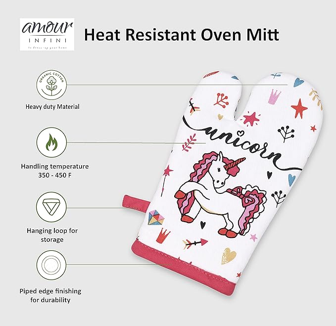 AMOUR INFINI 100% Cotton Unicorn 3-Piece Kitchen Set| Kid's Aprons, Oven Mitts, and Chef Hats|Kitchen Play,Cooking,Grilling,Baking,Thanksgiving,Christmas,Birthday Gift for Girls & Young Chefs