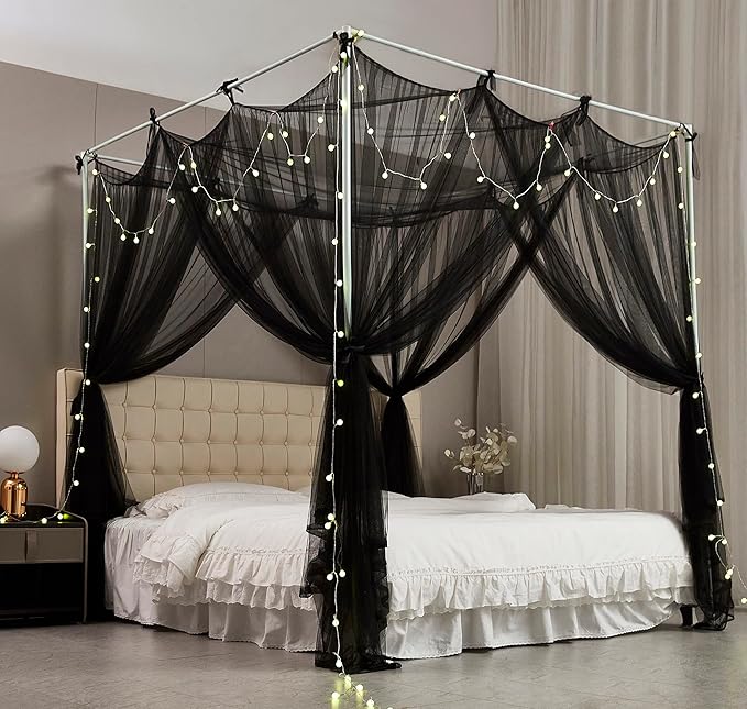 Mengersi Canopy Bed Curtains Bed Canopy with Lights for Girls, Bed Netting Unique Style 4 Door Mosquito Net for Adults Women Bedroom (Black+Lights, Twin/Twin XL)