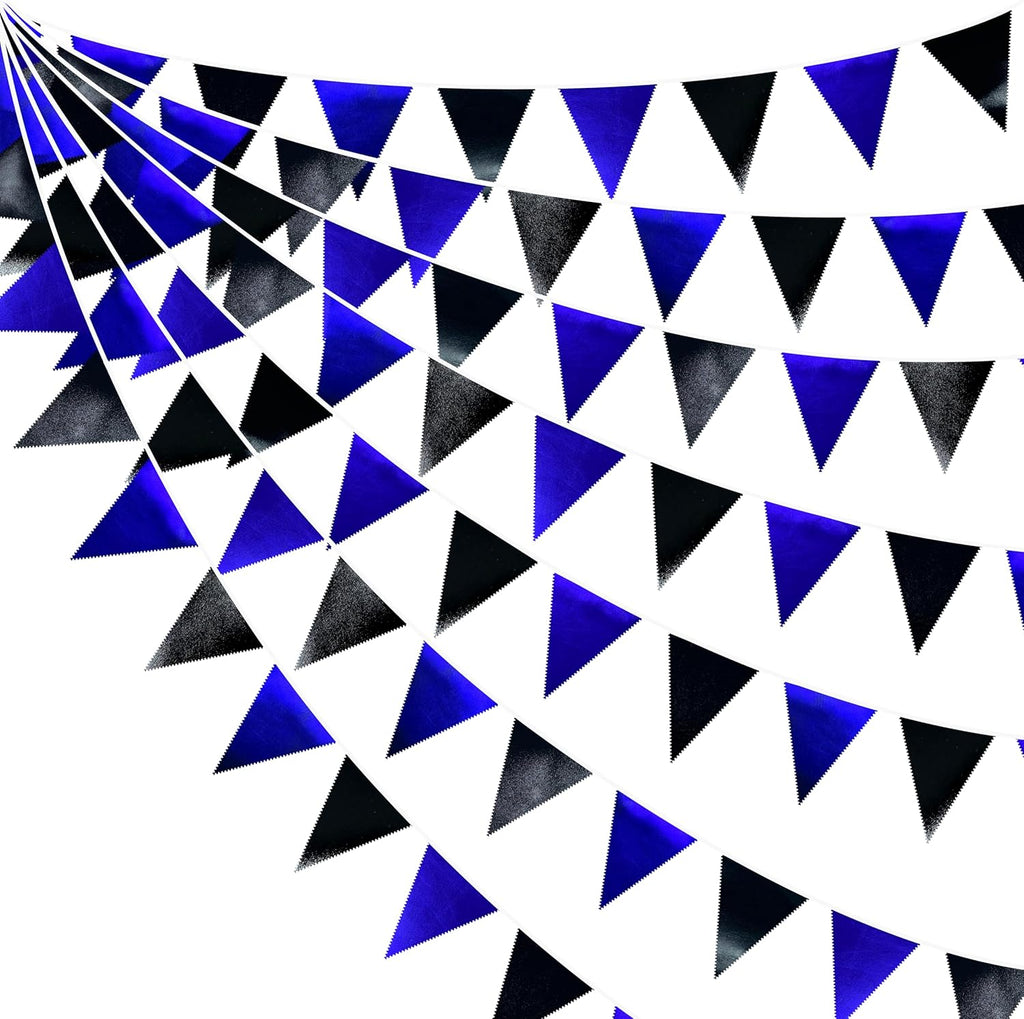 Royal Blue Black Party Decorations Navy Black Metallic Fabric Triangle Pennant Banner Flag Bunting Garland for Graduations Birthday Retirement Wedding Bachelorette Nautical Outdoor Party Supplies