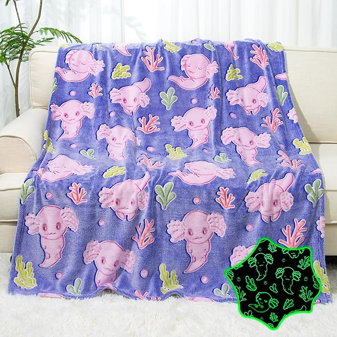 Glow in The Dark Axolotl Blanket Cute Throw Blanket Axolotl Gifts Toy for Kids Girls Adult Axolotls Stuff Axolotl Decor