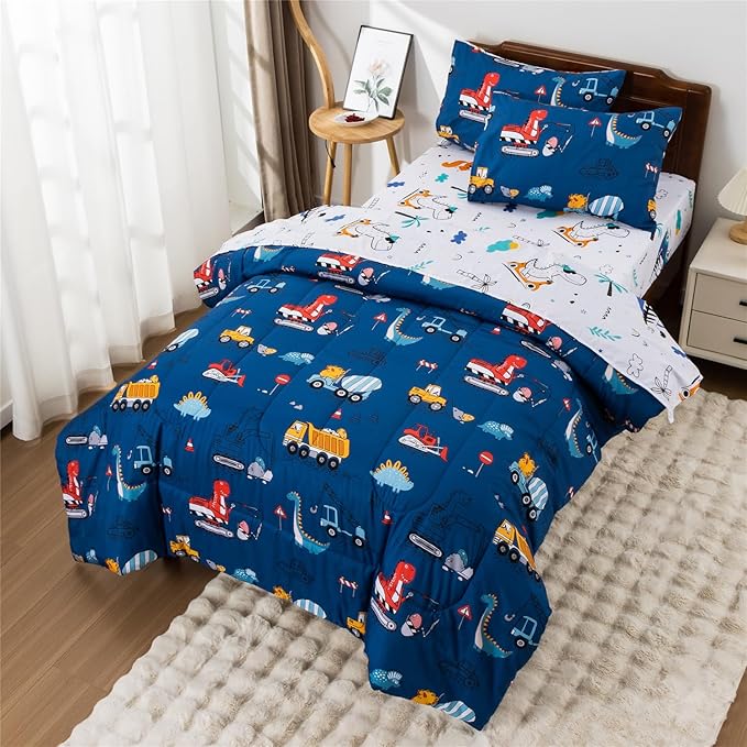 Meeting Story Construction Truck Car Full Comforter Set for Boys,5 Pieces Dinosaur Bedding Set with Sheets and Pillowcases，Excavator Lightweight Microfiber Bedding Sets（Blue，Full5pcs）