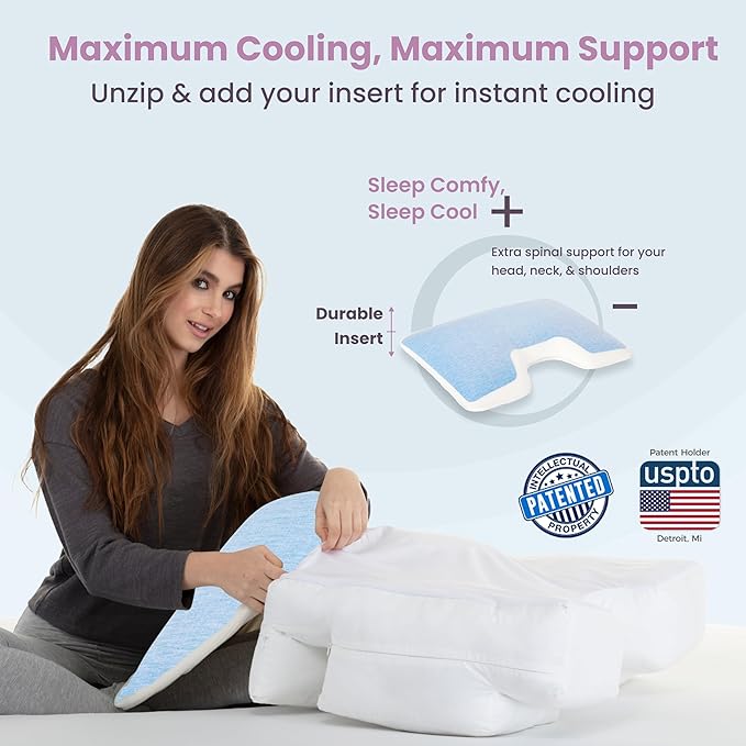 Insert Topper, Firm Cooling Gel / 80D Memory Foam for Sleeping That Stays Cold. Thin for Stomach Sleeper. Ergonomic, Orthopedic Neck U Shaped Cutout. Firm High-Density Layer Support