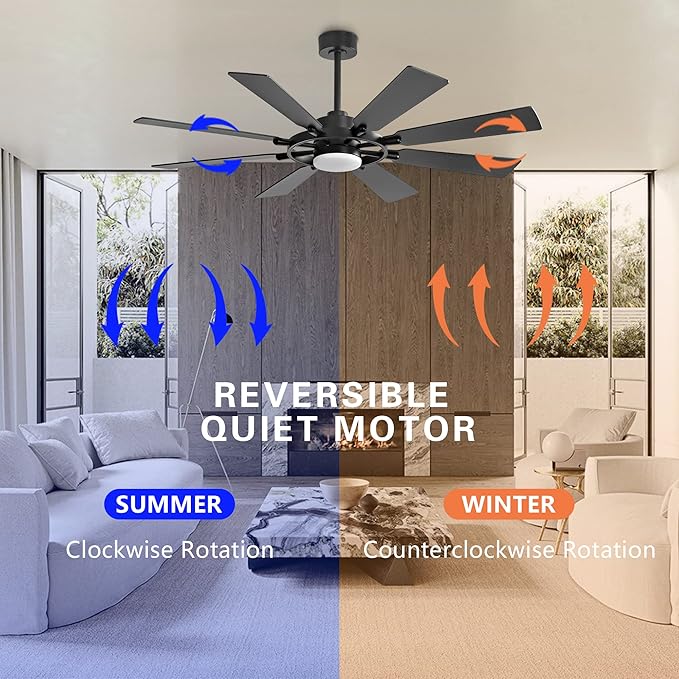 80" Ceiling Fan with Lights and Remote Control, Wood 8 Blades 6-Speed Noiseless Reversible DC Motor, 3 Downrods, Modern Large Indoor/Outdoor Ceiling fan for Patio Bedroom Dining Living Room, Black