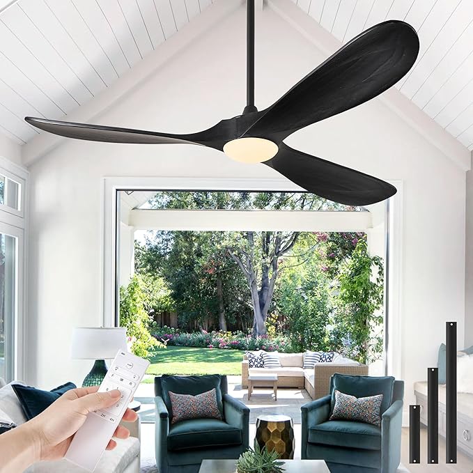 Ceiling Fans with Lights, 60 Inch Solid Wood Black Ceiling Fans with Lights and Remote Control for Outdoor Ceiling Fan with Light Propeller for Porch Farmhouse, DC ETL Listed, Matte Black