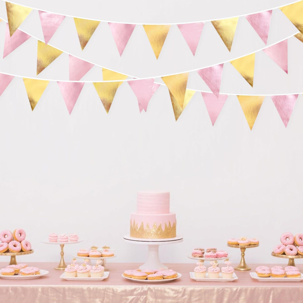 Pink Gold Party Decoration Metallic Fabric Light Pink Gold Triangle Pennant Banner Flag Bunting Garland for Women Girl Birthday Retirement Graduations Bridal Shower Wedding Baby Shower Party Supplies