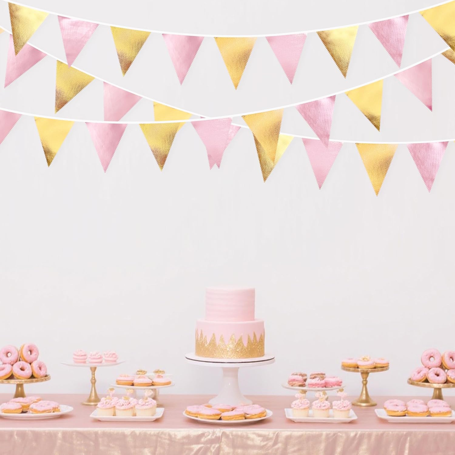 Pink Gold Party Decoration Metallic Fabric Light Pink Gold Triangle Pennant Banner Flag Bunting Garland for Women Girl Birthday Retirement Graduations Bridal Shower Wedding Baby Shower Party Supplies