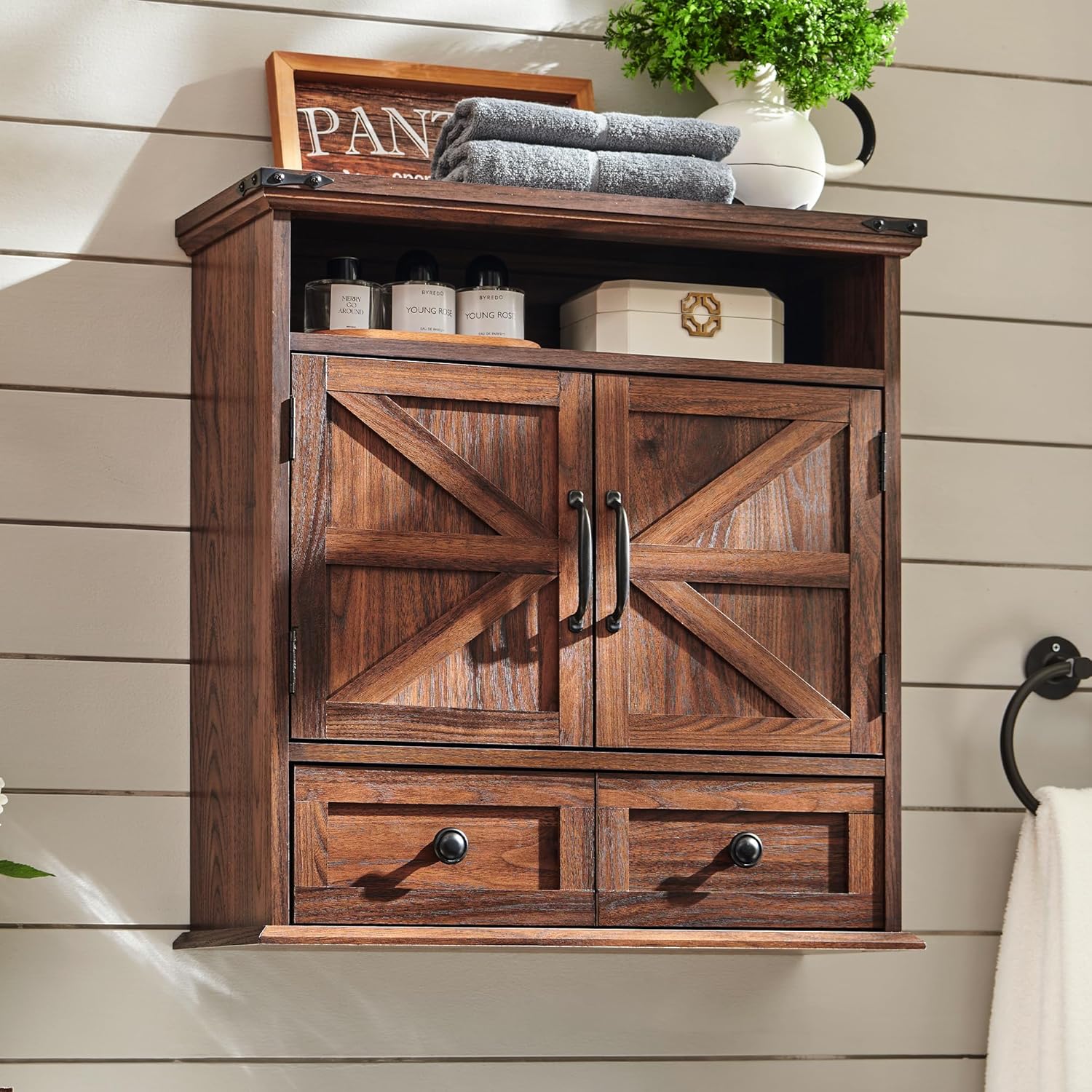 Bathroom Wall Cabinet, Farmhouse Medicine Cabinet, 24" Wide Cabinet with Drawer, Adjustable Shelf, Double Barn Doors, Storage Cabinet for Bathroom, Kitchen, Living Room, Brown