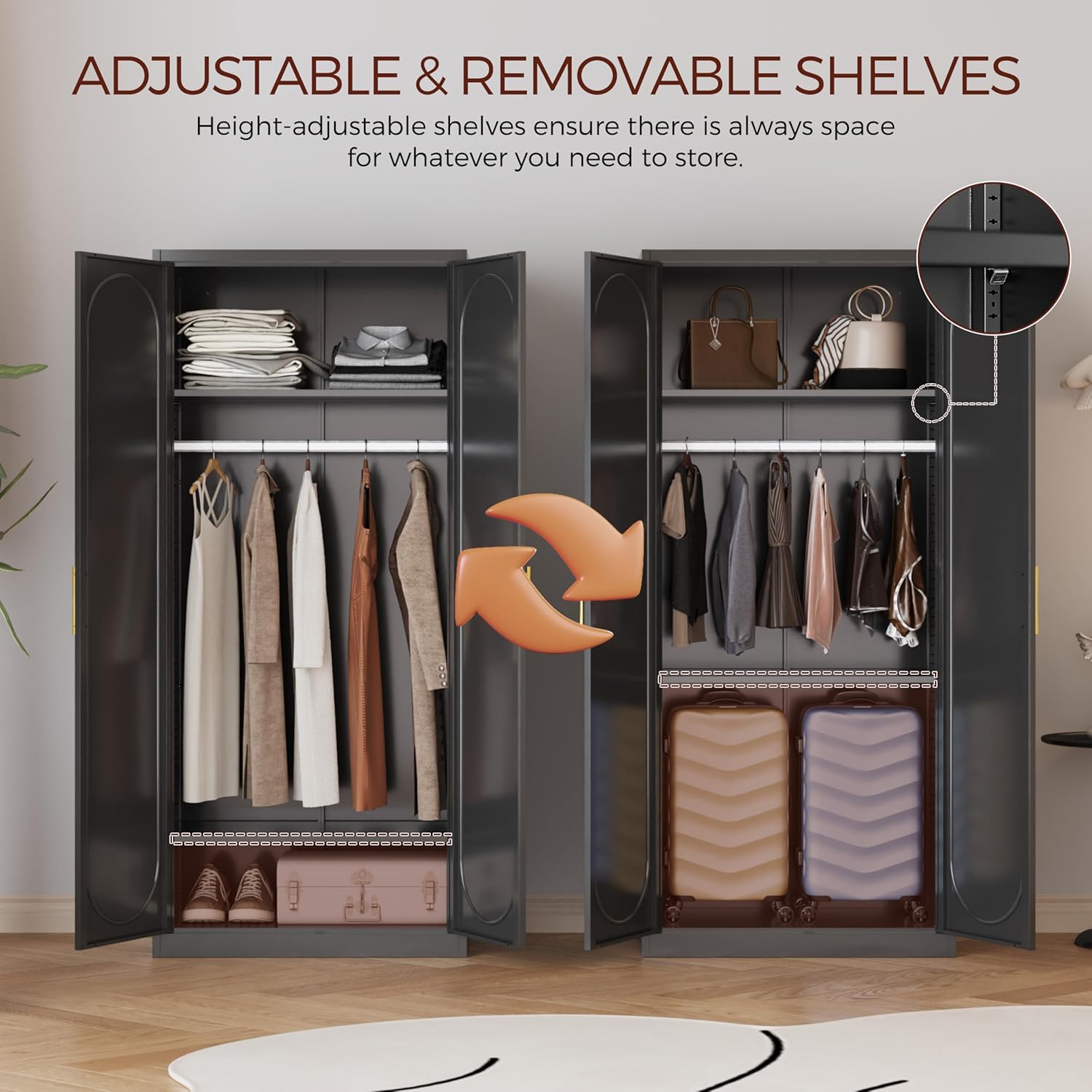 Metal Armoire Wardrobe Closet with 2 Doors, 71" Black Wardrobe Cabinet with Hanging Rod and Adjustable Shelves, Tall Clothing Storage Cabinets for Bedroom, Laundry Room, Home Office