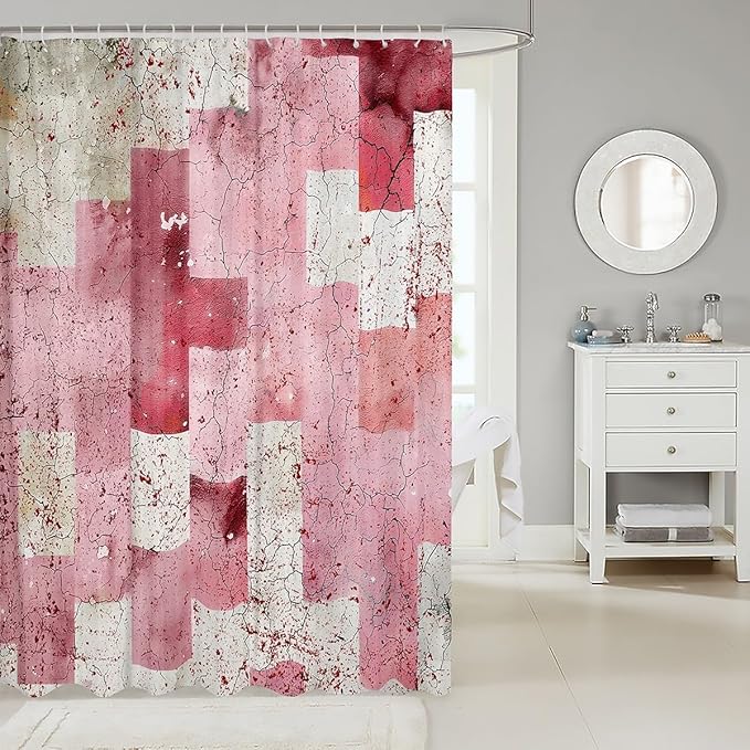 Feelyou Kids Geometric Pink White Bath Curtain Geometry Shower Curtain Boys Girls Checkered Bathroom Shower Curtain Set Modern Art Teens Bathroom Accessories Room Decor 72"x78"