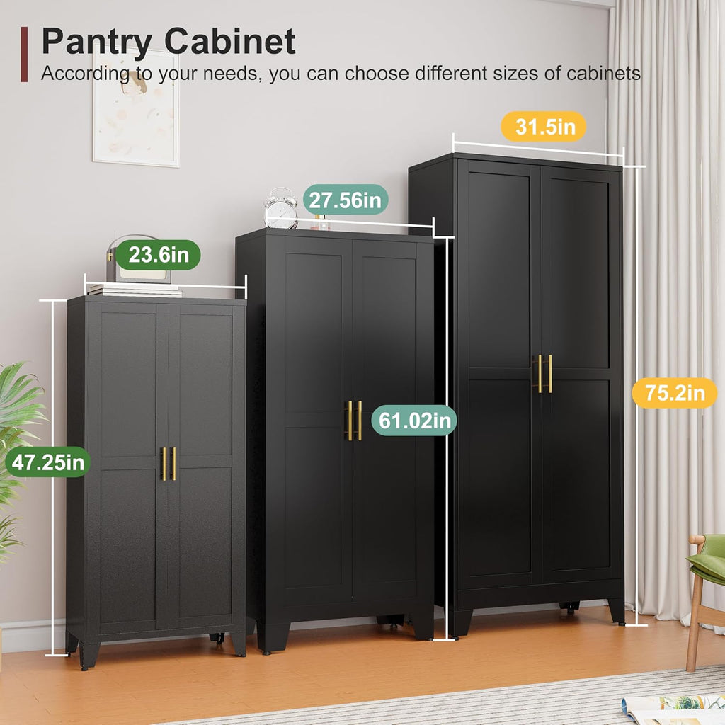 Metal Pantry Cabinet with 2 Doors and Adjustable Shelves, Kitchen Storage cabinets with Gold Handles, Versatile Storage for Laundry Room,Living Room,Bathroom,Dinning Room-Black