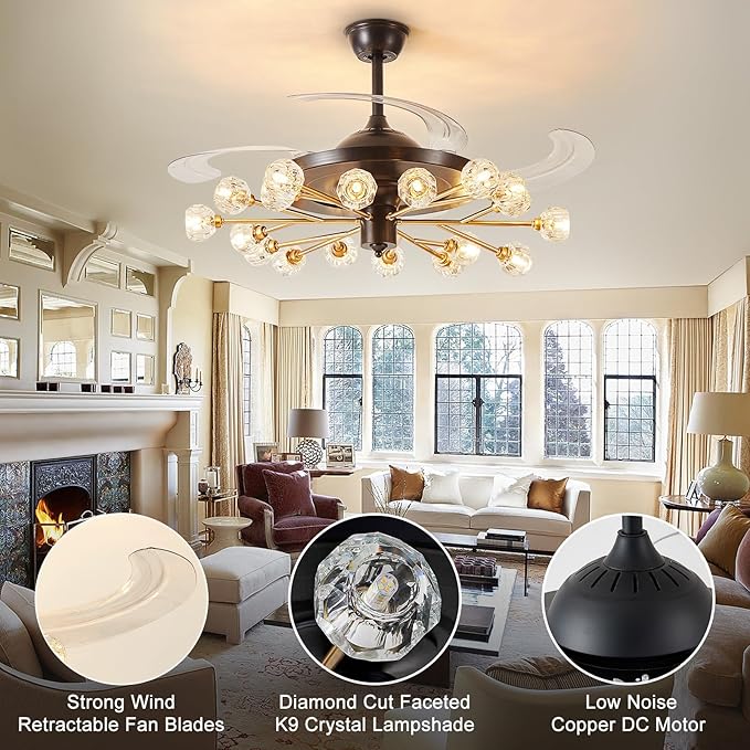 Sputnik Fandelier Ceiling Fan: 48" Gold Chandelier with Fan and Remote for Living Room - 18 Lights Black Fandelier for Bedroom - Retractable Crystal Ceiling Fans with Lights Farmhouse