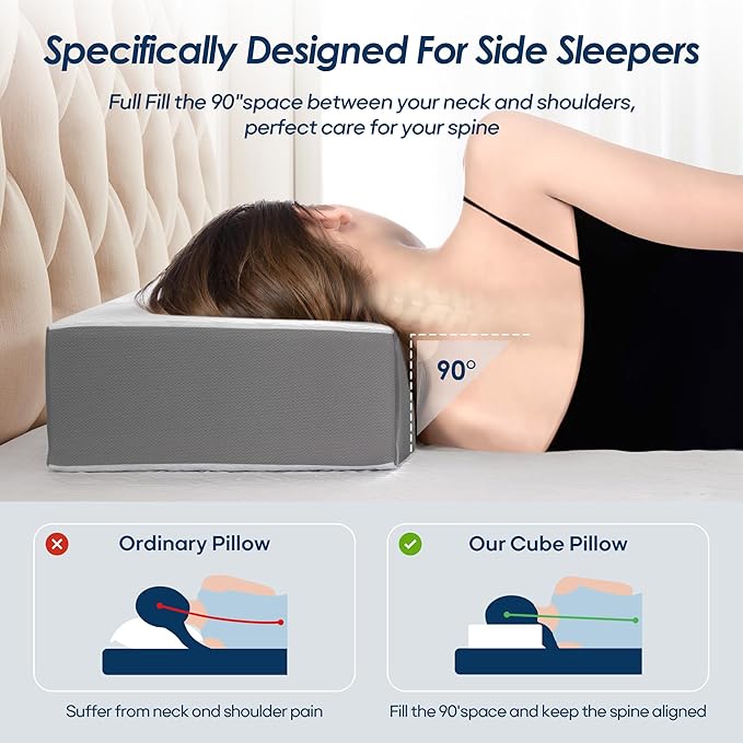 Cooling Cube Pillow for Side Sleepers, Square Memory Foam Side Sleeper Pillow Firm Soft Double-Sided Supportive, Support Head Cervical Pillow for Neck Shoulder Pain, 24"x12"x5"
