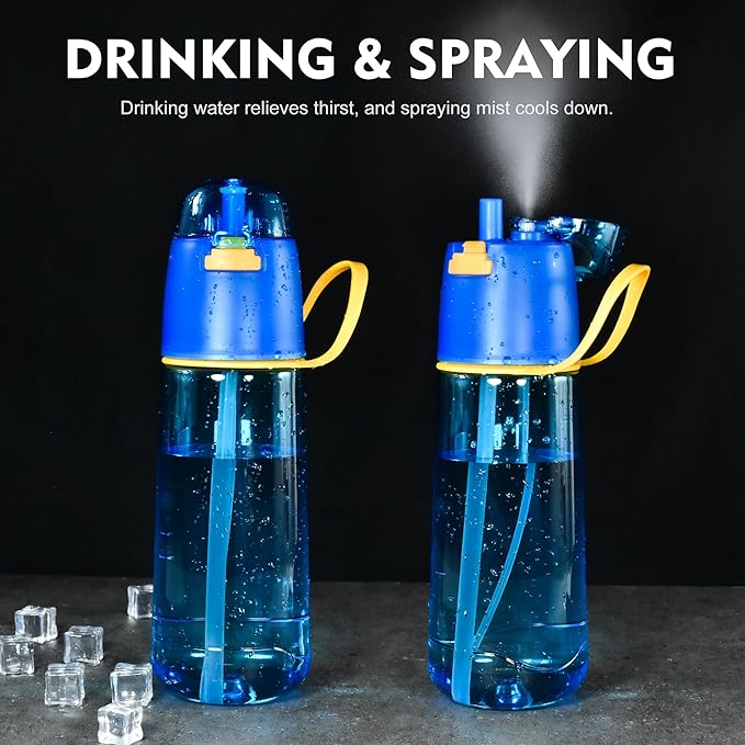 24 oz Sports Water Bottle with Spray Mist, Portable Water Mister Spray Bottle for Drinking, 2-in-1 Mist and Sip Bpa-Free Plastic Misting Water Bottle for Fitness and Outdoor, Blue 1 Pack