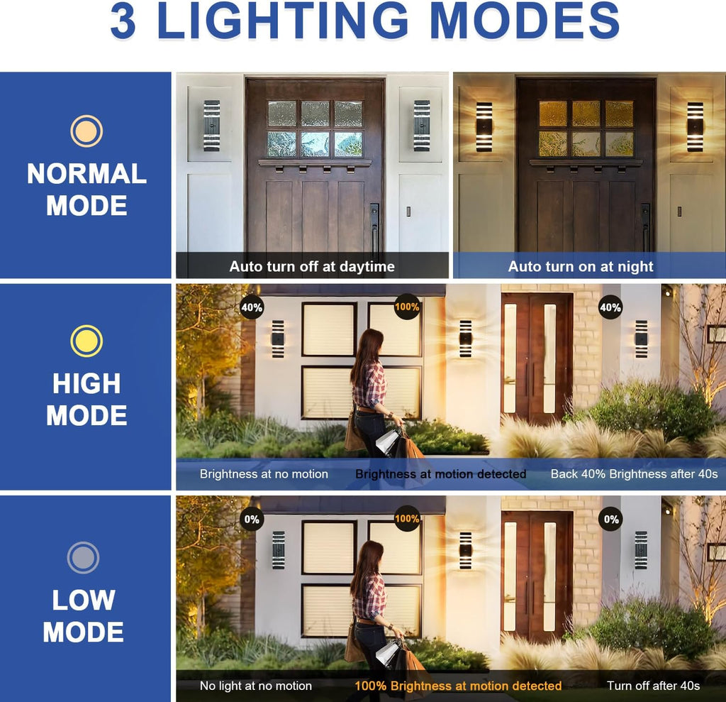 2 Pack Motion Sensor Outdoor Wall Light Fixture Up Down Porch Lights Modern Dusk to Dawn Exterior Sconce Light Wall Mount Outside Coach Lantern for House Front Door Garage (With 4 Dimmable Warm Bulbs)