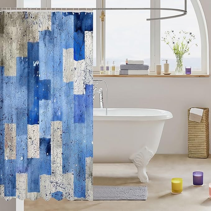 Feelyou Kids Geometric Blue Shower Curtain Geometry Bath Curtain Boys Girls Checkered Bathroom Shower Curtain Set Modern Art Teens Bathroom Accessories Room Decor 72"x72"