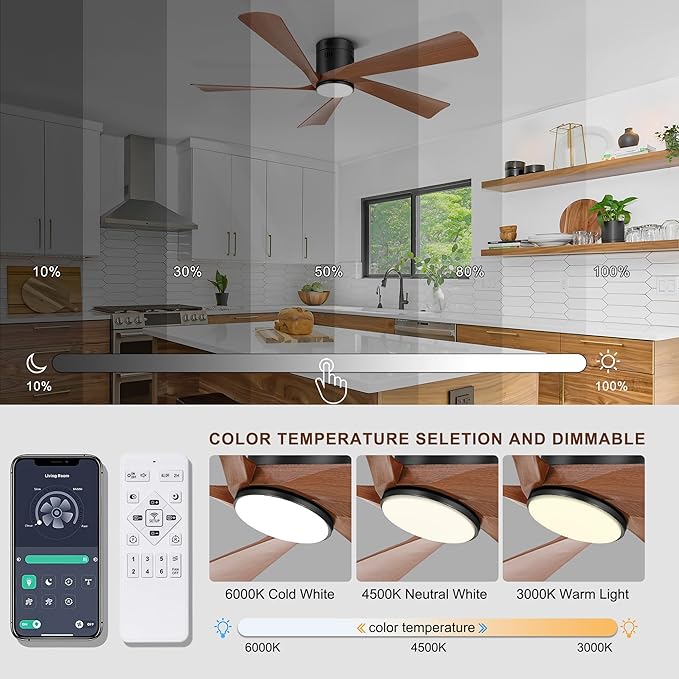 Ohniyou 52” Flush Mount Farmhouse Ceiling Fan with Lights, Remote & APP Control Low Profile Indoor Outdoor Ceiling Fans, Dimmable, Quiet DC Motor, Reversible, Black+Wood