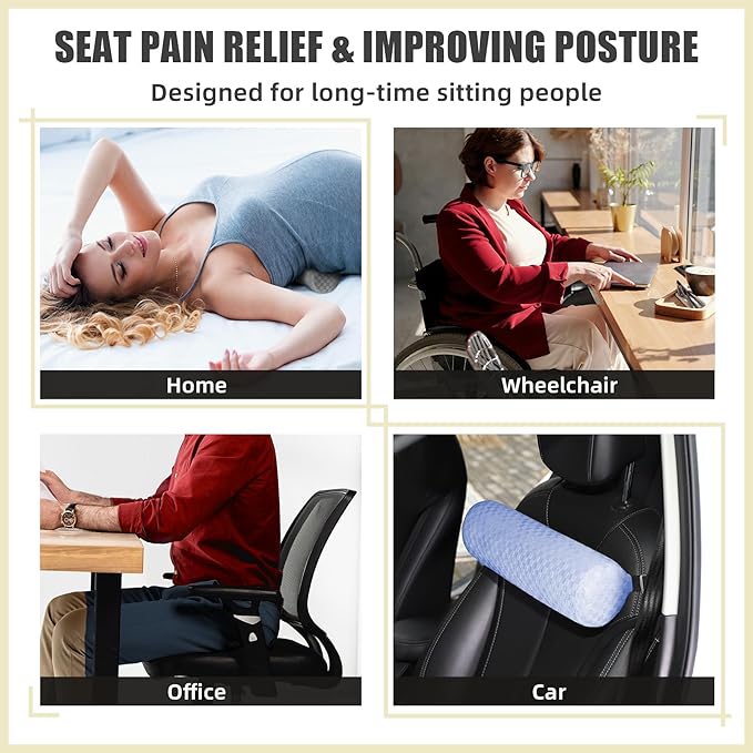 Lumbar Roll Pillow for Lower Back, Lumbar Support Foam Roll Cushion with Pillowcase and Upgraded Strap for Office, Chair, Car, Seat Pain Relief & Improving Posture (Light Blue, Long-15*4.3'')