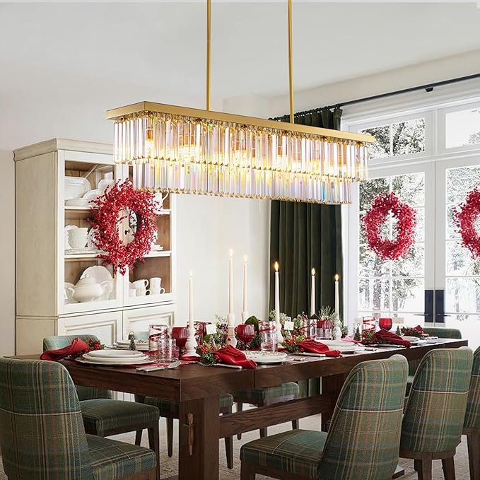 Siljoy 12-Light Modern Crystal Chandelier Gold Rectangular K9 Crystal Raindrop Chandelier, Luxury 2-Tiers Adjustable Ceiling Pendant Light Fixture for Dining Room Kitchen Island, L47'' x W10'' x H10''