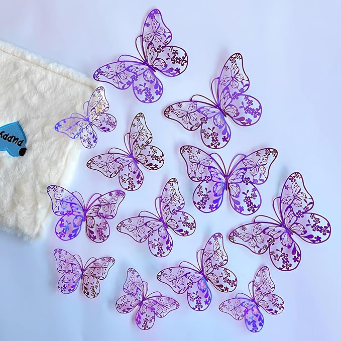 3D Butterfly Wall Decor 48 Pcs 4 Styles 3 Sizes, Butterfly Birthday Decorations Butterfly Party Decorations Cake Decorations, Removable Stickers(Purple)