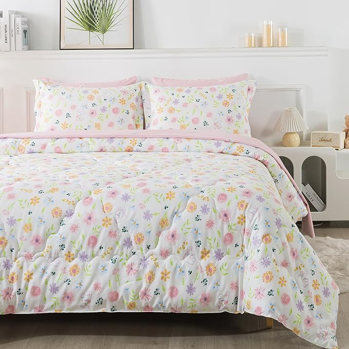Wajade Floral Comforter Set Bed in A Bag Queen Size 7 Piece Botanical Flower Green Leaves Rabbits Bedding Set for Girls (1 Comforter, 1 Flat Sheet, 1 Fitted Sheet, 2 Pillowcase and 2 Pillow Sham)