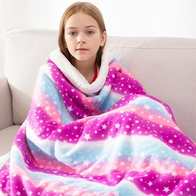 COSUSKET Kids Star Throw Blanket, Rainbow Sherpa Plush Warm Blanket Girls Gifts
