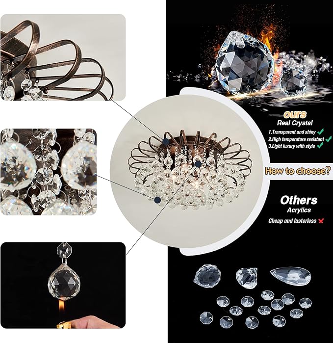 CVKASH 4-Light Crystal Floral Chandelier Modern Bronze Flush Mount Raindrop Crystal Ceiling Lighting Fixture Farmhouse Chandelier for Bathroom Living Room Bedroom Dining Room Entryway