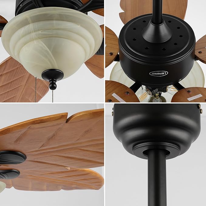 JONATHAN Y JYL9720C Poinciana 52" 3-Light Coastal Bohemian Iron/Wood Palm Leaf LED Ceiling Fan with Pull Chain Rustic, Eclectic, Transitional, Office, Living Room, Dining Room, Bedroom, Light Brown