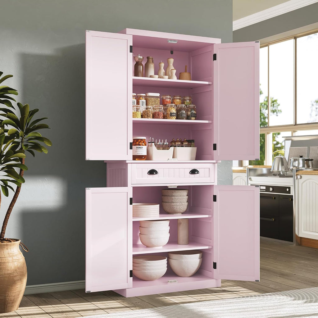 ARTPOWER 72" Tall Kitchen Pantry Storage Cabinet with Drawer and Adjustable Shelves, Pantry Cabinet for Kitchen, Bathroom or Hallway, Pink
