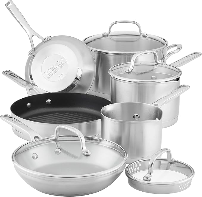 KitchenAid 3-Ply Base Stainless Steel Cookware Pots and Pans Set, 10 Piece, Brushed Stainless