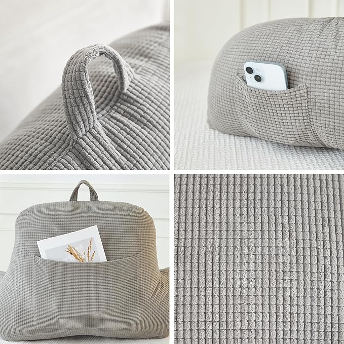 Back Pillow for Bed Sitting Up,Reading Pillow for Sitting in Bed Adult with Arm Pillow,Back Rest Pillow for Sitting in Bed with Pockets,While Gaming,Working,Watching,Standard-Gray