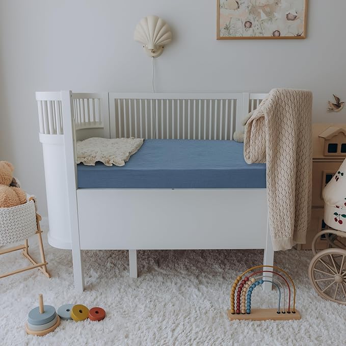 100% Cotton Muslin crib sheets for Boys and Toddler, Soft and Breathable, crib sheets girl Snug Fit, Machine Washable, Multiple Colors, Blue/Star Muslin Size 28"x52"x9"