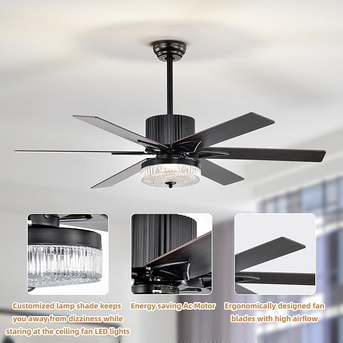 NicBex Ceiling Fan 52 Inch Stylish Design Ceiling Fan with Lights Ceiling Fans with 6 Blades and Remote Control Reversible Ceiling Fan for Bedroom, Living Room, Matte Black