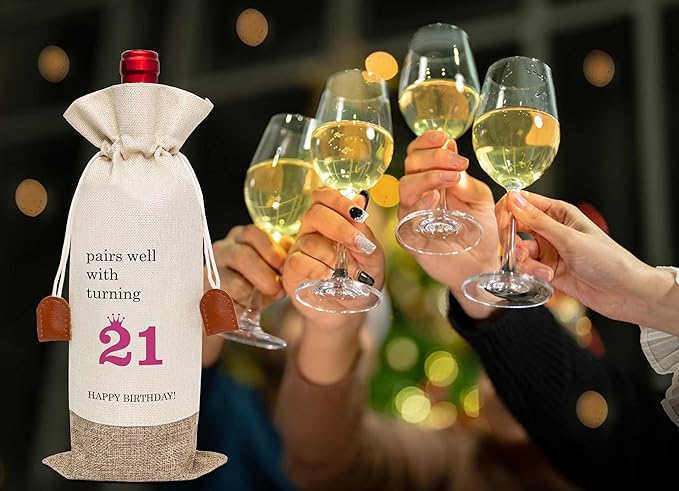 21th Birthday Wine Bag, Cotton Linen Wine Gift Bag With Drawstring, Wine Champagne Bottle Gift Bag, 21st Birthday Gifts Wine Bag for Woman Her Girl Friend Sister, 21th Birthday Party Favors-33