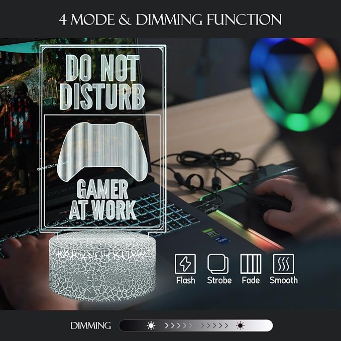 3D Visual Game Room illusion Desk Lamp Do Not Disturb Gamer At Work Slogan 16 RGB Color Change USB Charge Base Touch Remote Control Boy Gift Decoration Acrylic with Stand