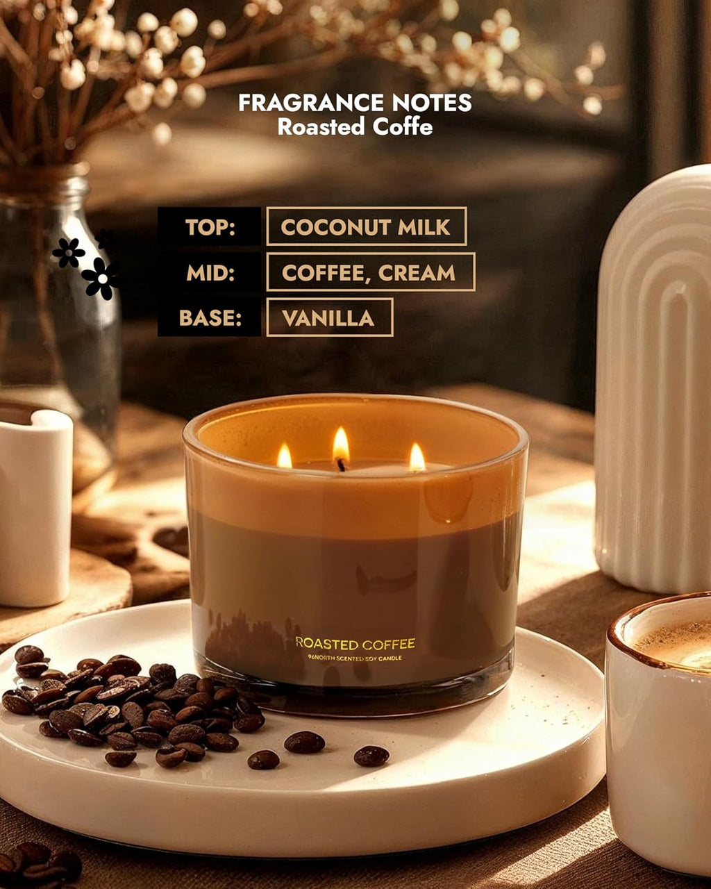 96NORTH Luxury Coffee Soy Candle | Large 3 Wick Jar Candle | Up to 40 Hours Burning Time | 100% Natural Soy Wax | Housewarming Gift for Men and Women